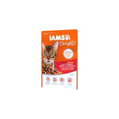 IAMS guliašas suaugusioms katėms su Jautiena ir Morkomis drebučiuose 85g