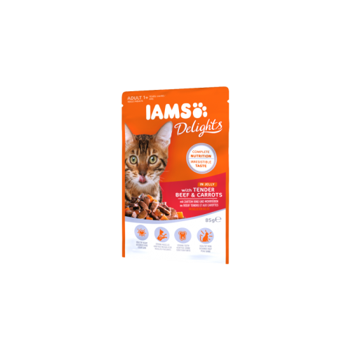 IAMS guliašas suaugusioms katėms su Jautiena ir Morkomis drebučiuose 85g