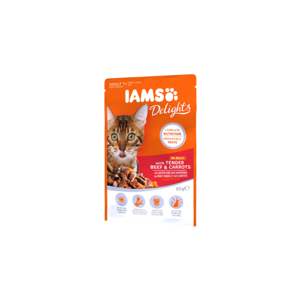 IAMS guliašas suaugusioms katėms su Jautiena ir Morkomis drebučiuose 85g