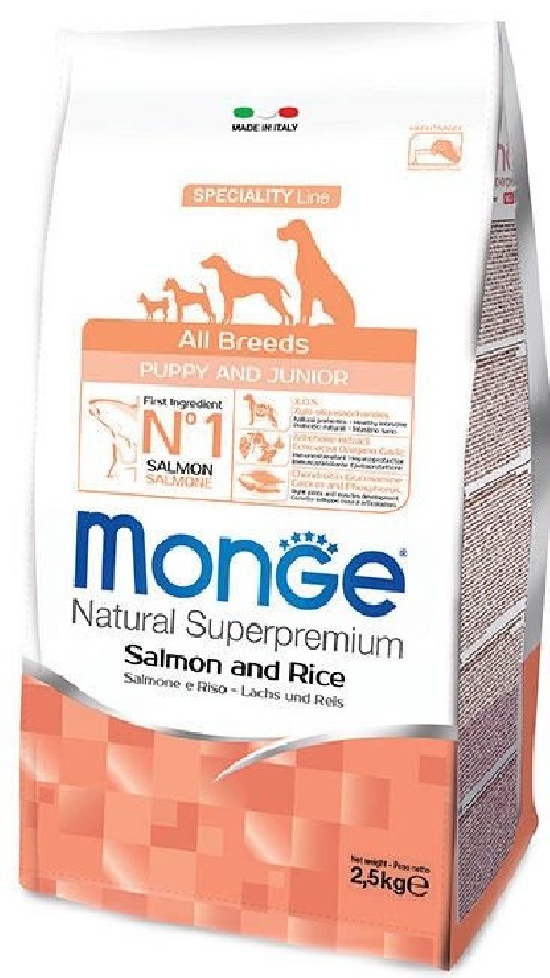 Monge Dry Dog Spec. Line visų veislių šuniukams su lašiša ir ryžiais 0,8kg