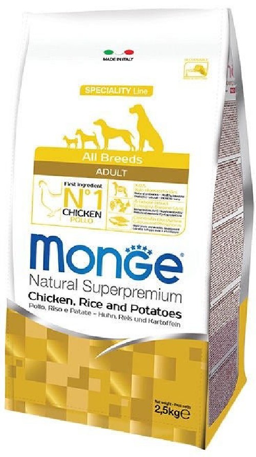 Monge spec. line monoprotein adult sausas pašaras visų veislių suaugusiems šunims su vištiena, ryžiais, bulvėmis  2,5kg