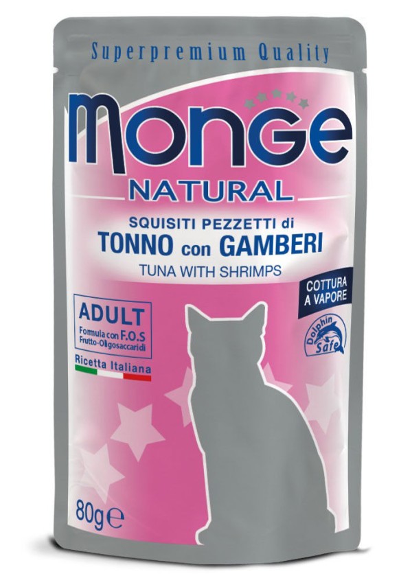 Monge Natural kons. pašaras suaugusioms katėms tuno kąsneliai su krevetėmis želėje 80g