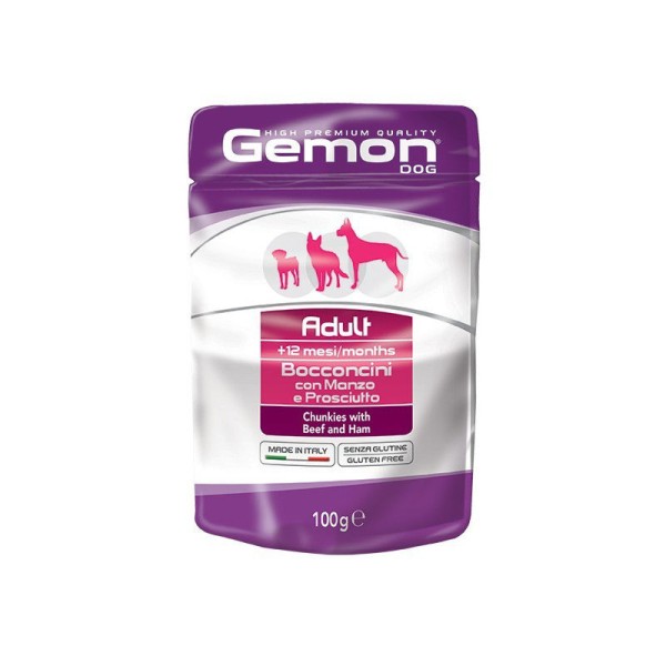 Gemon all breeds adult  konservuotas pašaras suaugusiems šunims su jautienos ir kumpio gabalėliais 100g