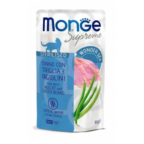 M06811 Monge SUPREME - Cat Wet Pouches Tuna with mullet and green beans - Sterilised 80g (24)