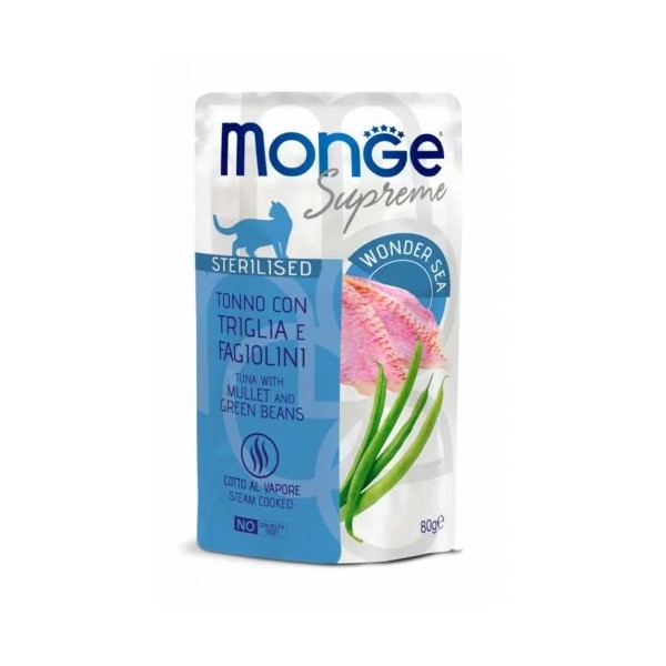 M06811 Monge SUPREME - Cat Wet Pouches Tuna with mullet and green beans - Sterilised 80g (24)