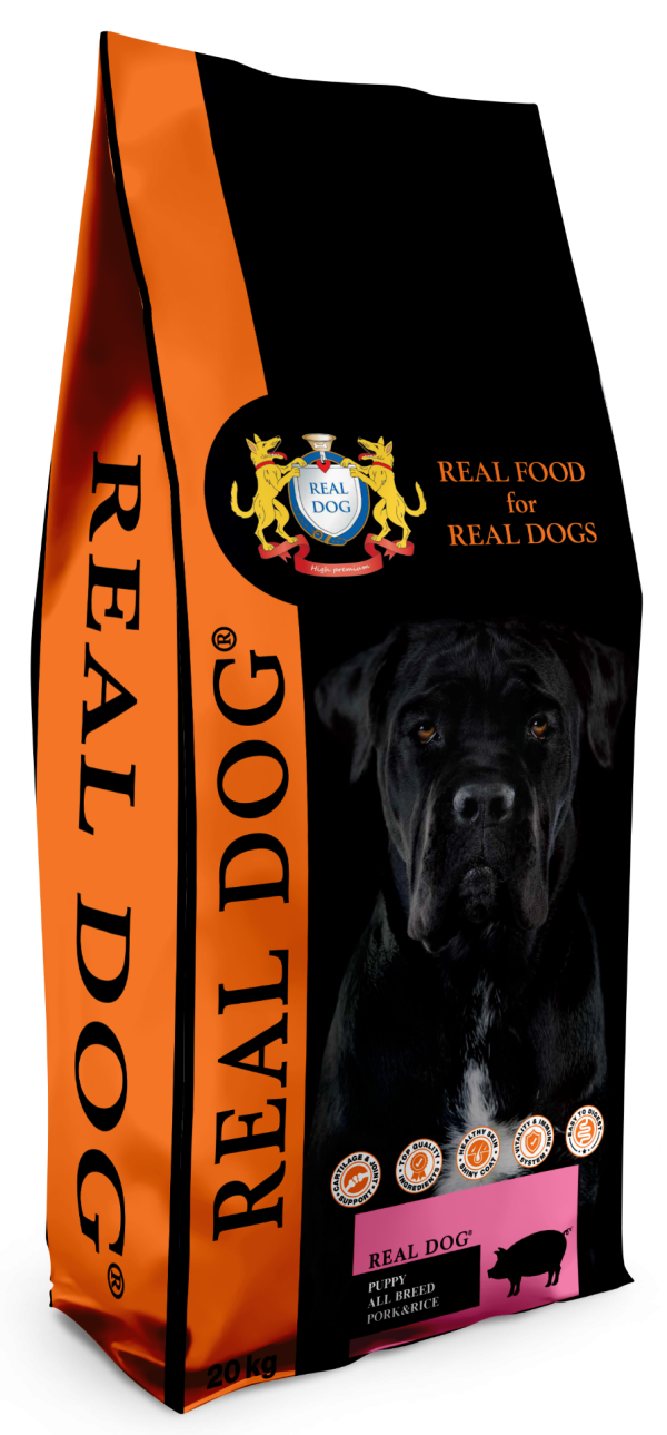 Real Dog Puppy-Junior All Breeds su kiauliena ir ryžiais 20kg