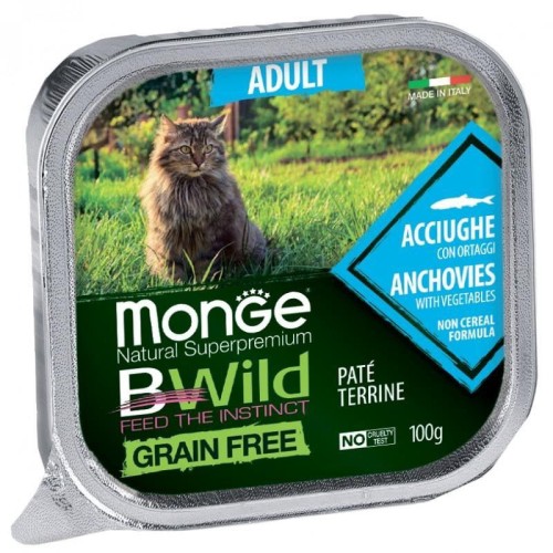 Monge BWild adult paštetas katėms su ančiuviais ir daržovėmis 100g