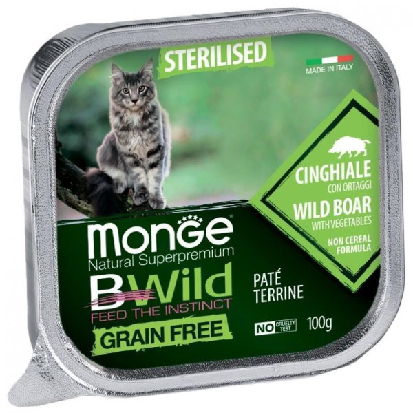 Monge BWild adult paštetas sterilizuotoms katėms su šerniena ir daržovėmis 100g