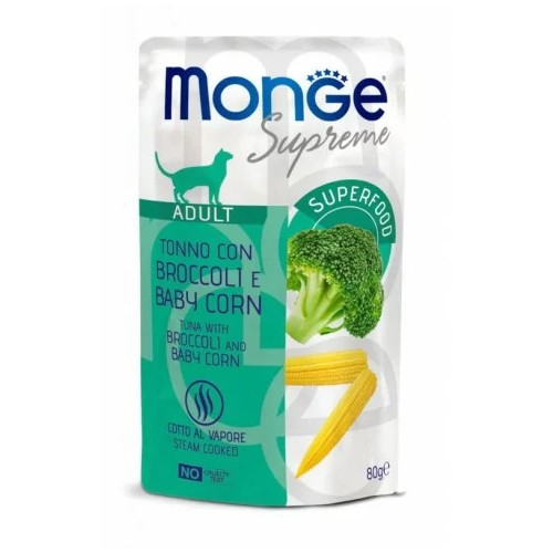 M06828 Monge SUPREME - Cat Wet Pouches Tuna with broccoli and baby corn - Adult 80g (24)