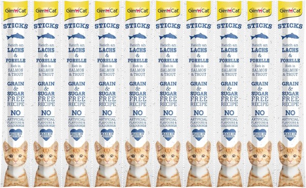 GimCat Sticks begrūdės lazdelės, su lašiša ir upėtakiu (10 vnt)