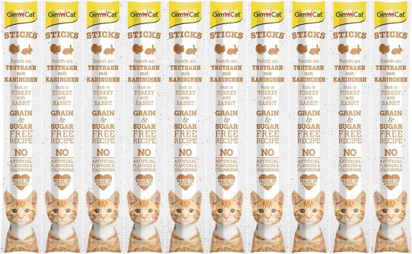 GimCat Sticks begrūdės lazdelės, su kalakutiena ir triušiena (10 vnt)