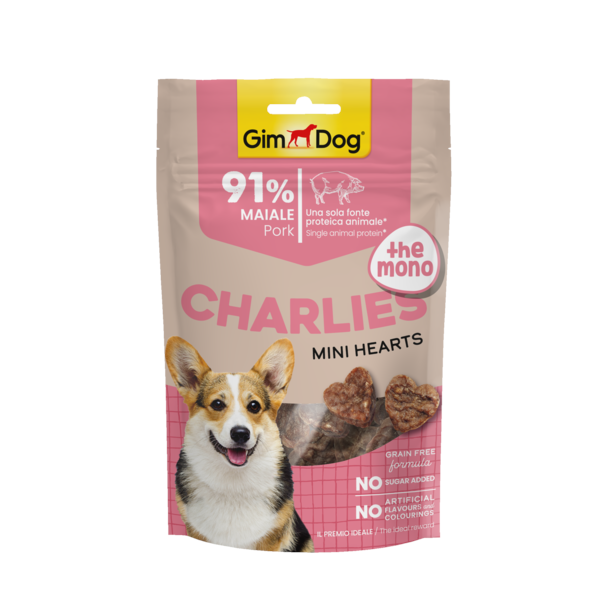 GimDog CHARLIES MONO mini širdelės su kiauliena 70g