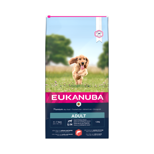 Eukanuba S/M visavertis pašaras suaugusiems šunims su lašiša ir miežiais, 12 kg