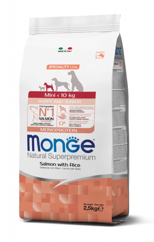 Monge spec.line monoprotein mini Puppy sausas pašaras mažų veislių jauniems šuniukams su lašiša ir ryžiais 2,5kg