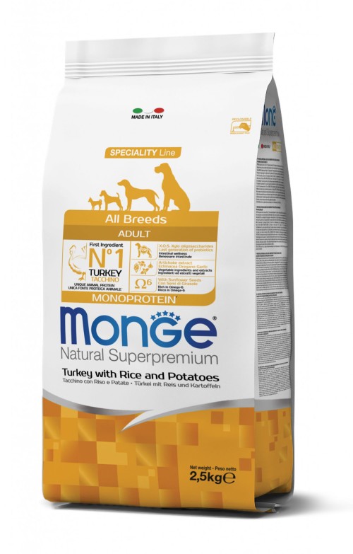 Monge spec. line monoprotein adult sausas pašaras visų veislių suaugusiems šunims su kalakutiena, ryžiais, bulvėmis 2,5kg